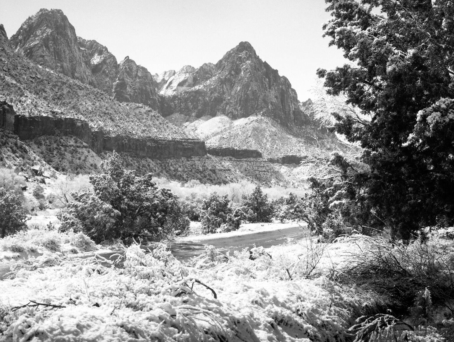 Winter view of the Watchman and landscape covered in snow. View across road from the Mission 66 Visitor Center and Museum.