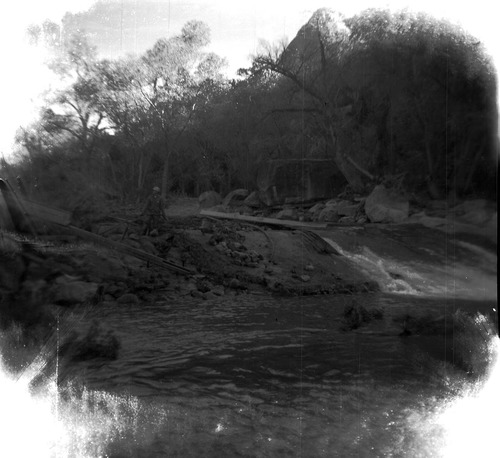 BW photo of the construction/modification of the Canyon Junction Spillway on the Virgin River.