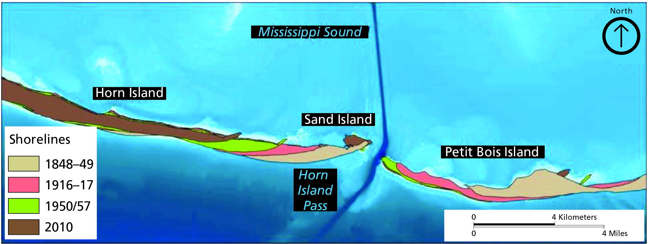 . Map showing the shoreline movement of western Petit Bois and eastern Horn Islands, 1848-2010. The map shows the position of shoreline at 4 periods of time: 1848-49, 1916-17, 1950/1957, and 2010. 