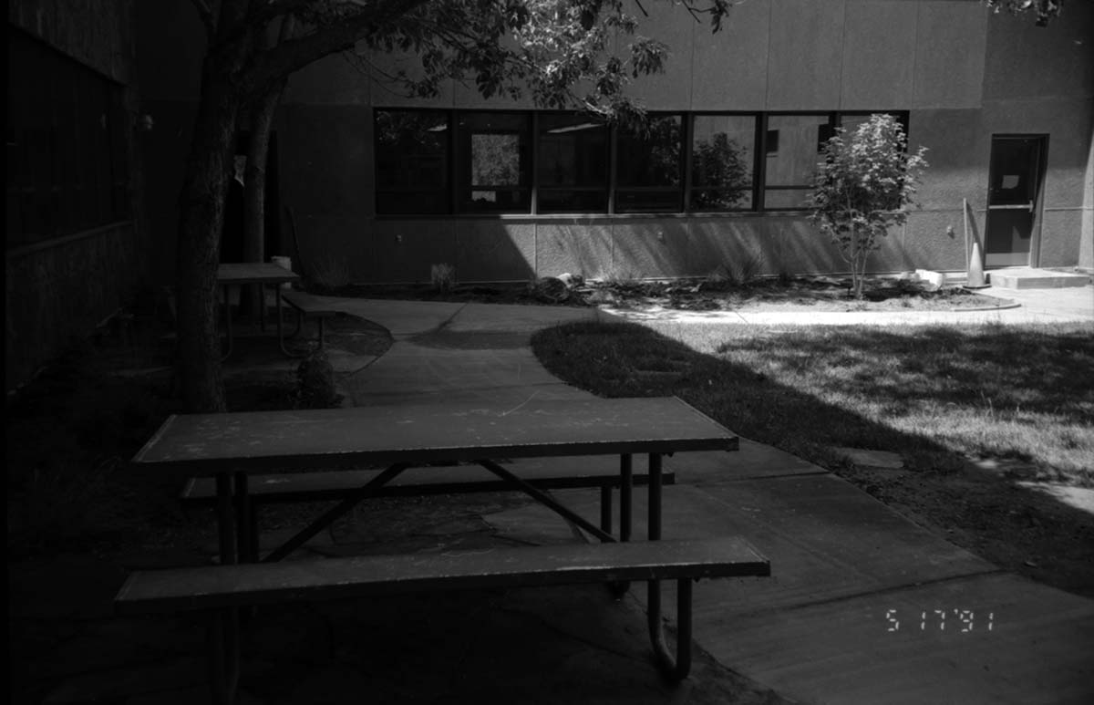 Courtyard are in headquarters during the construction of headquarters addition.