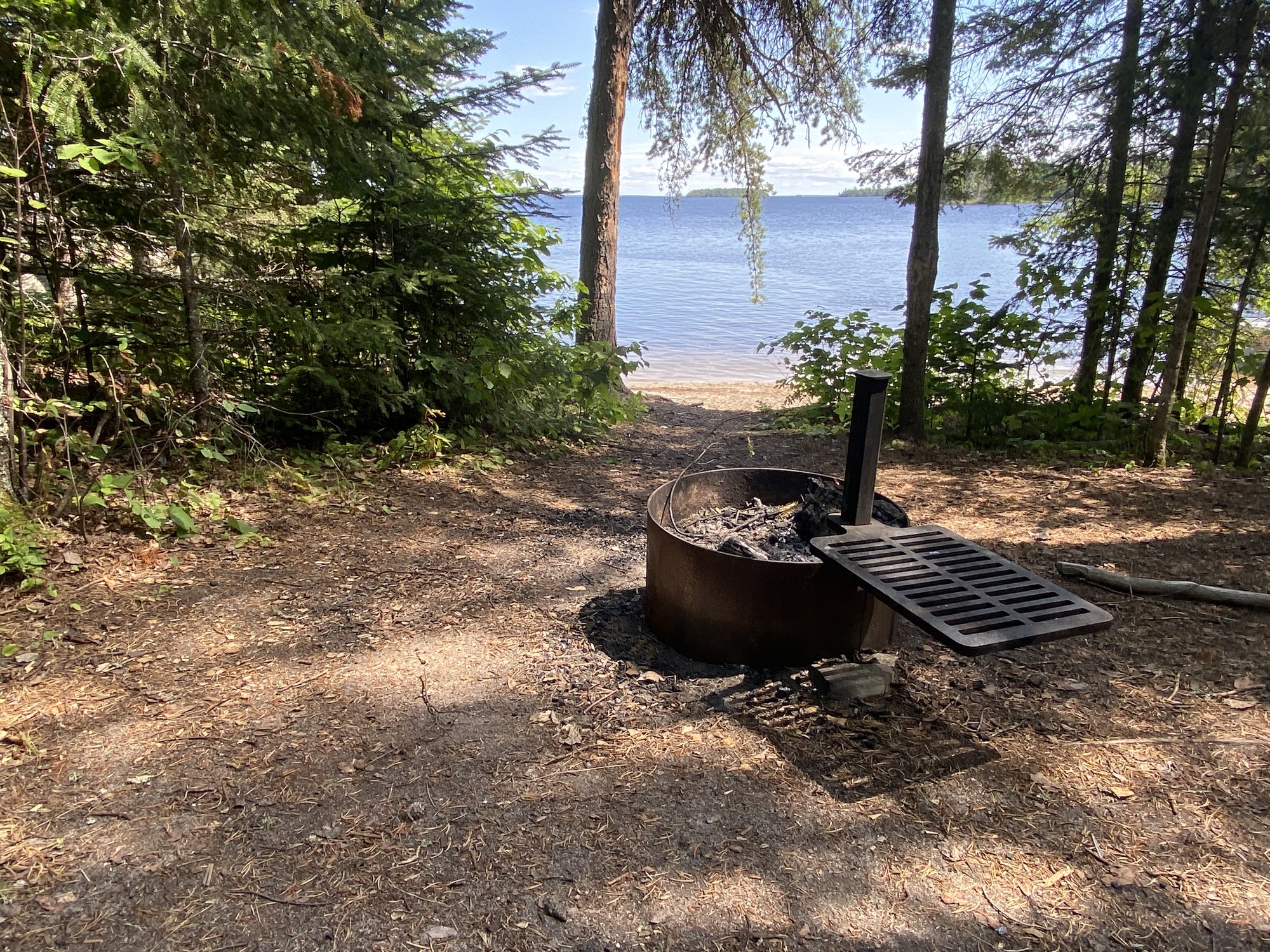 View of the fire ring overlooking the water through a couple of trees.