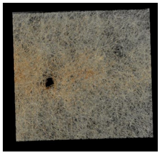 Figure 16. False color image of Whatman 1 from XRadia microCT analysis, produced 
with Osirix imaging software. The color on the tideline has been added for 
representational purposes. (Source: Teresa Porri)