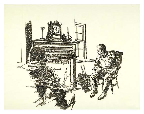 sitting by fireplace.