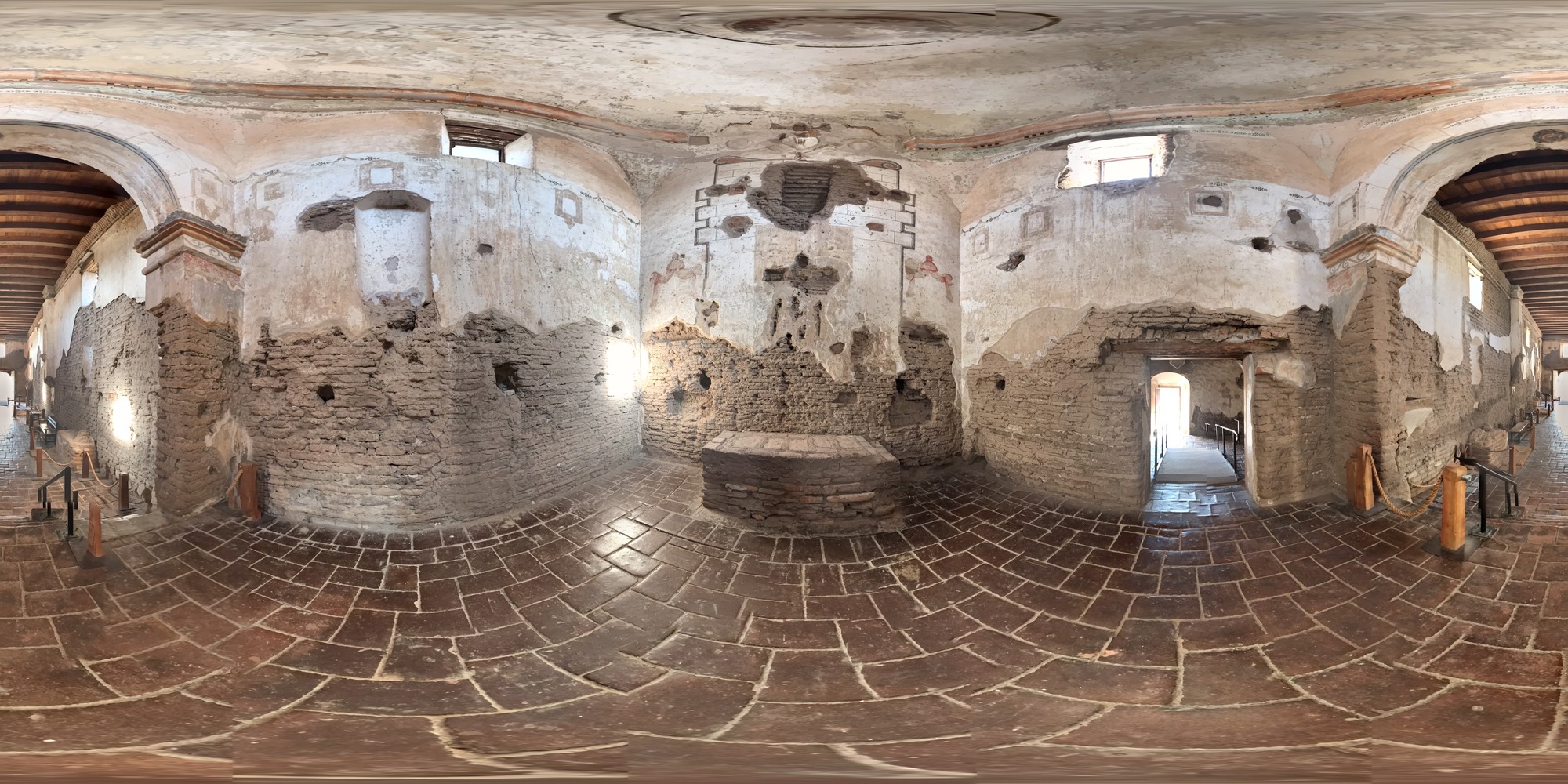360 panoramic photo of sanctuary with altar, domed ceiling, painted finishes