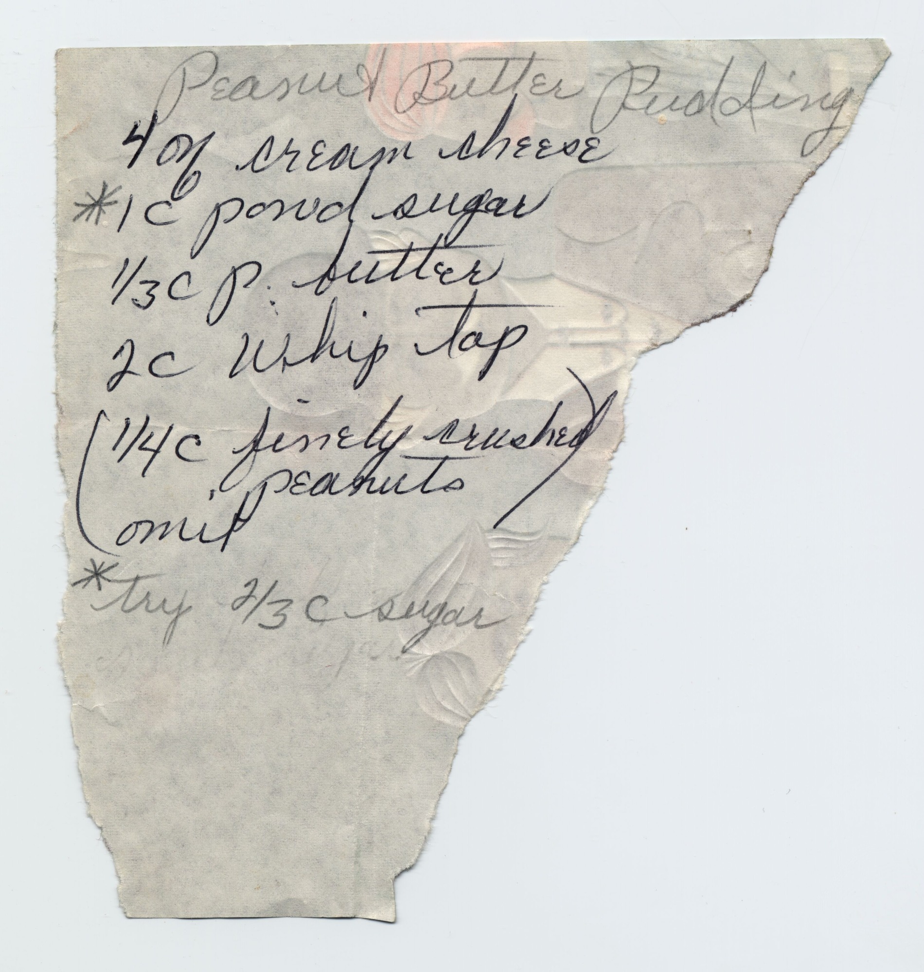 A recipe written on a piece of scrap paper in pencil and black pen.