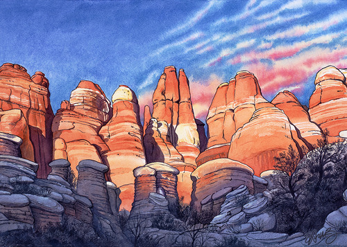 watercolor illustration of red-orange and white sandstone towers at sunset