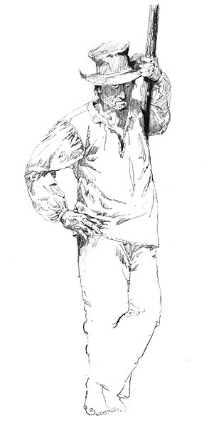 A barefoot ferryman holding a ferrying pole.