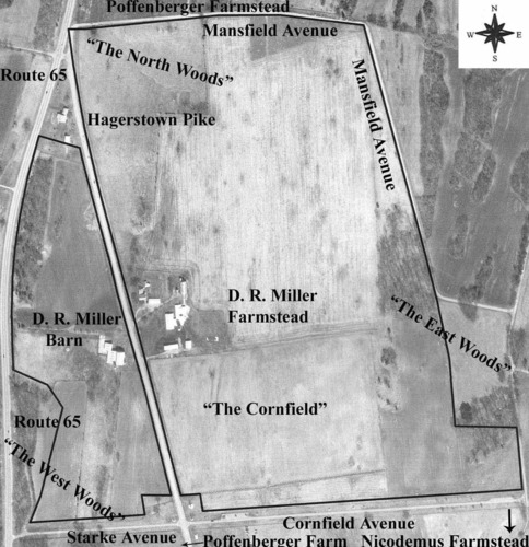 An overhead perspective of the landscape has major boundaries and features labeled.