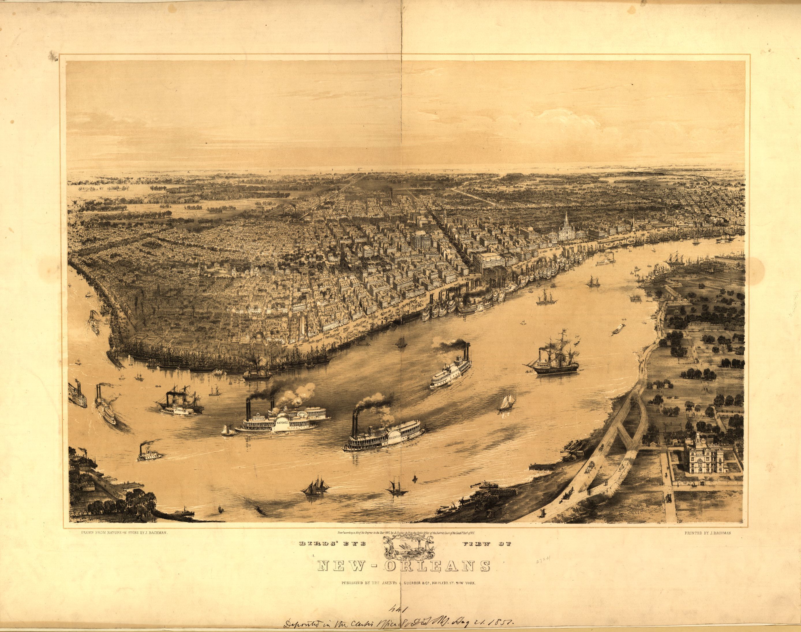 Print of Birds-eye view of New Orleans, with the river in the foreground.