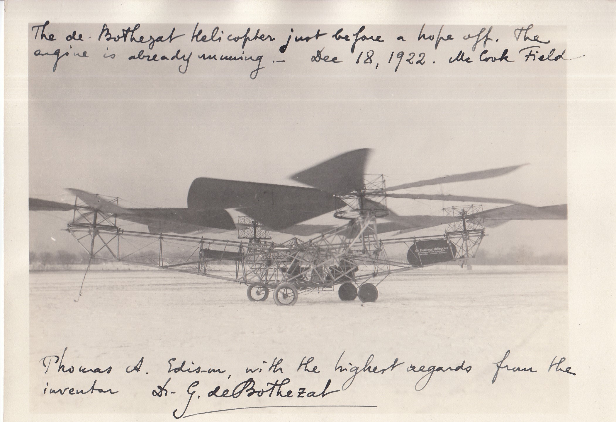 Helicopter designed by George de Bothezat, about to lift off ground.