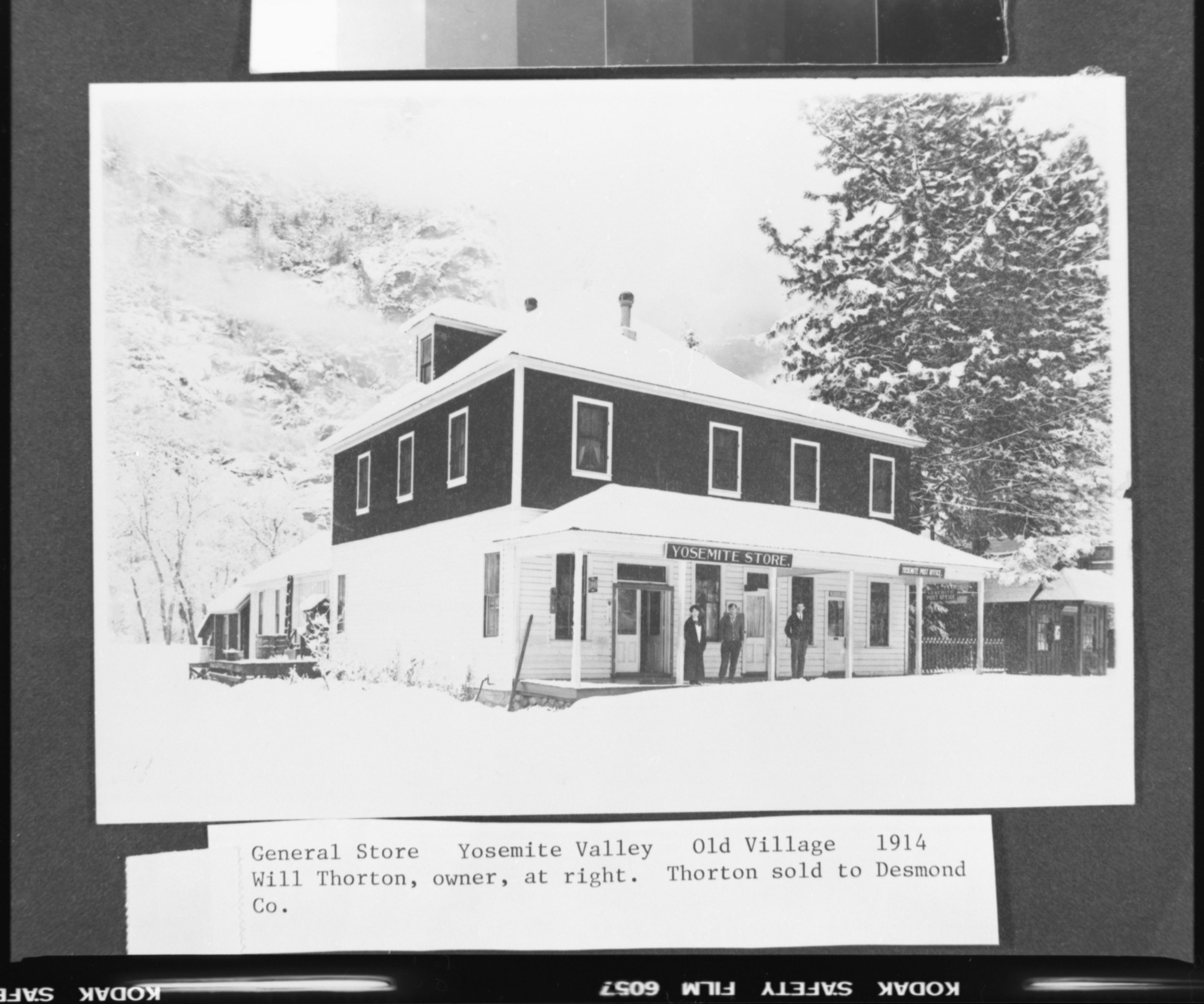 General Store in Yosemite Valley Old Village. 1914 - Will Thornton, owner, at right. Thornton sold to Desmond Co. Copied from the Wegner photo album.