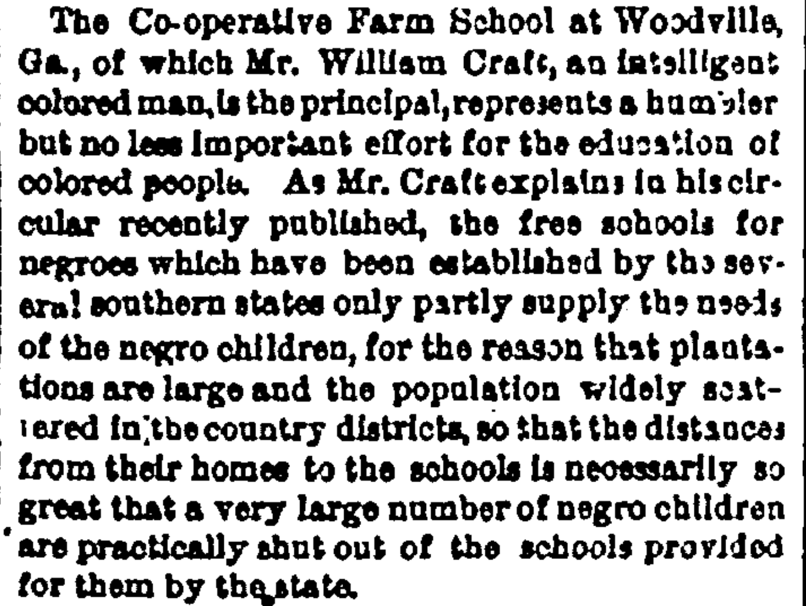 Newspaper clipping about the Crafts' school in Woodville, Georgia.