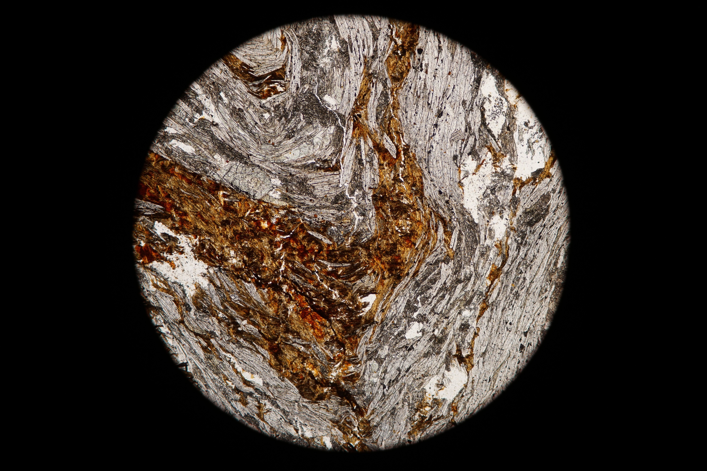 Circular microscopic image of rock structure.