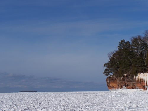 Although the lake rarely ever freezes over completely, ice will typically form around the islands, such as here between Gull Island and the mainland.