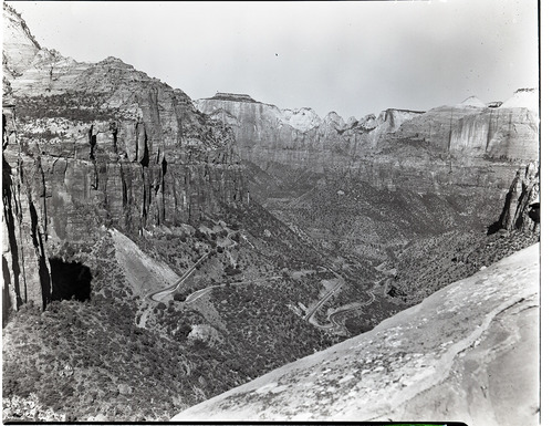 Switchbacks in Pine Creek Canyon and west wall of Zion canyon from end of canyon overlook trail.