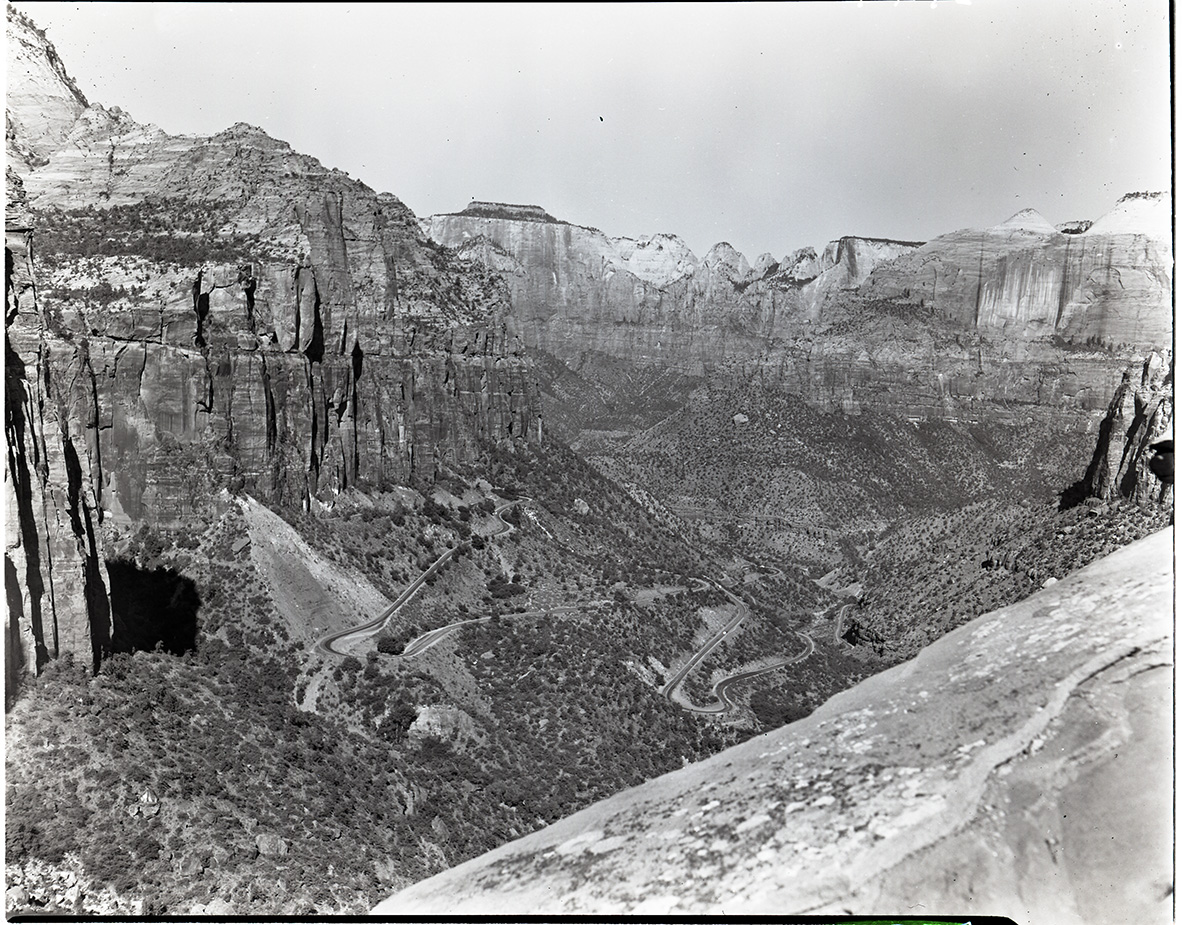 Switchbacks in Pine Creek Canyon and west wall of Zion canyon from end of canyon overlook trail.