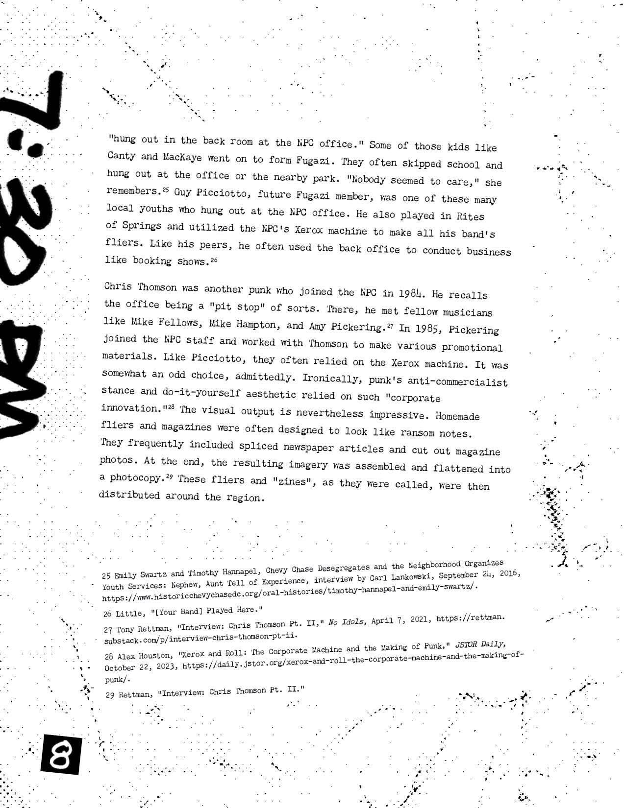 White boxes with black typewriter font. “7:30pm” handwritten in black on the left-hand border. White stippled background.  