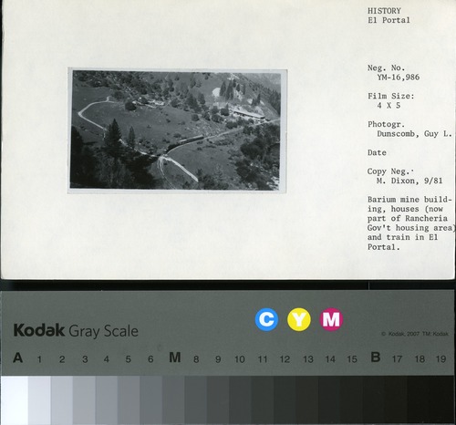 Copy Neg: Michael Dixon, September 1981. Barium mine buildin, houses (now part of Rancheria Gov't housing area) and train in el Portal.