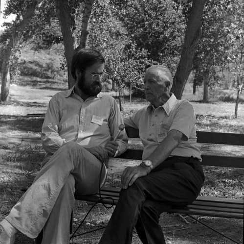Hal Cannon interviewing one of the participants of the first annual Folklife Festival, Zion National Park Nature Center, September 1977.