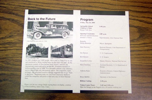 Color Photos of the official launch of the Zion shuttle system- same day as the new visitor center opening.