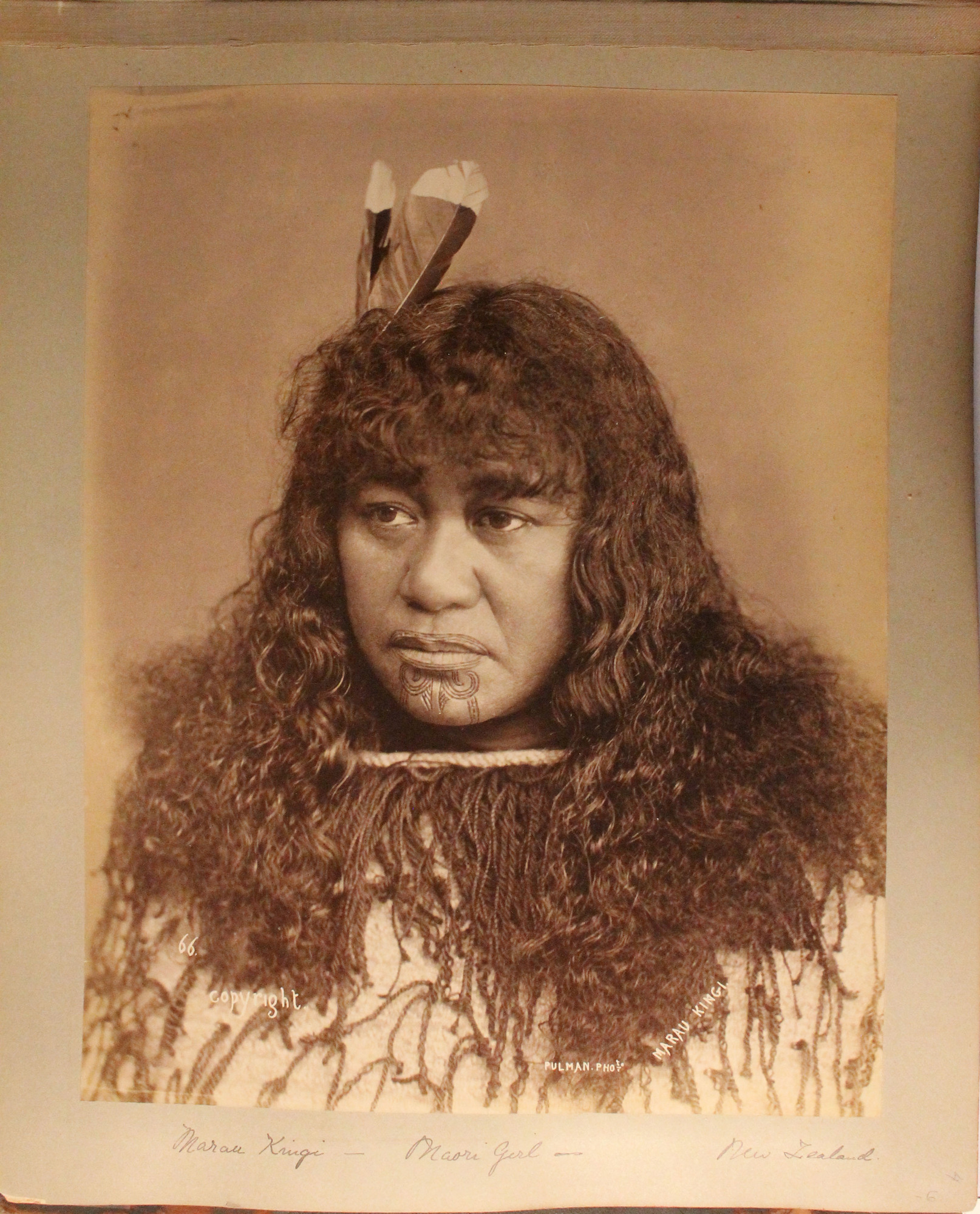 Portrait of Maori woman with traditional feathers and mouth tattoos.