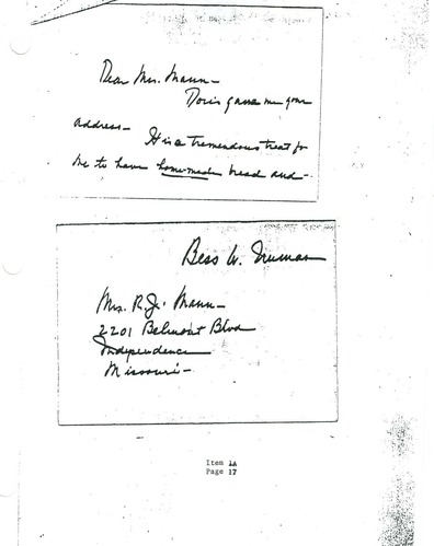 Bess W. Truman letter to Lola Mann concerning gift of candy and bread.