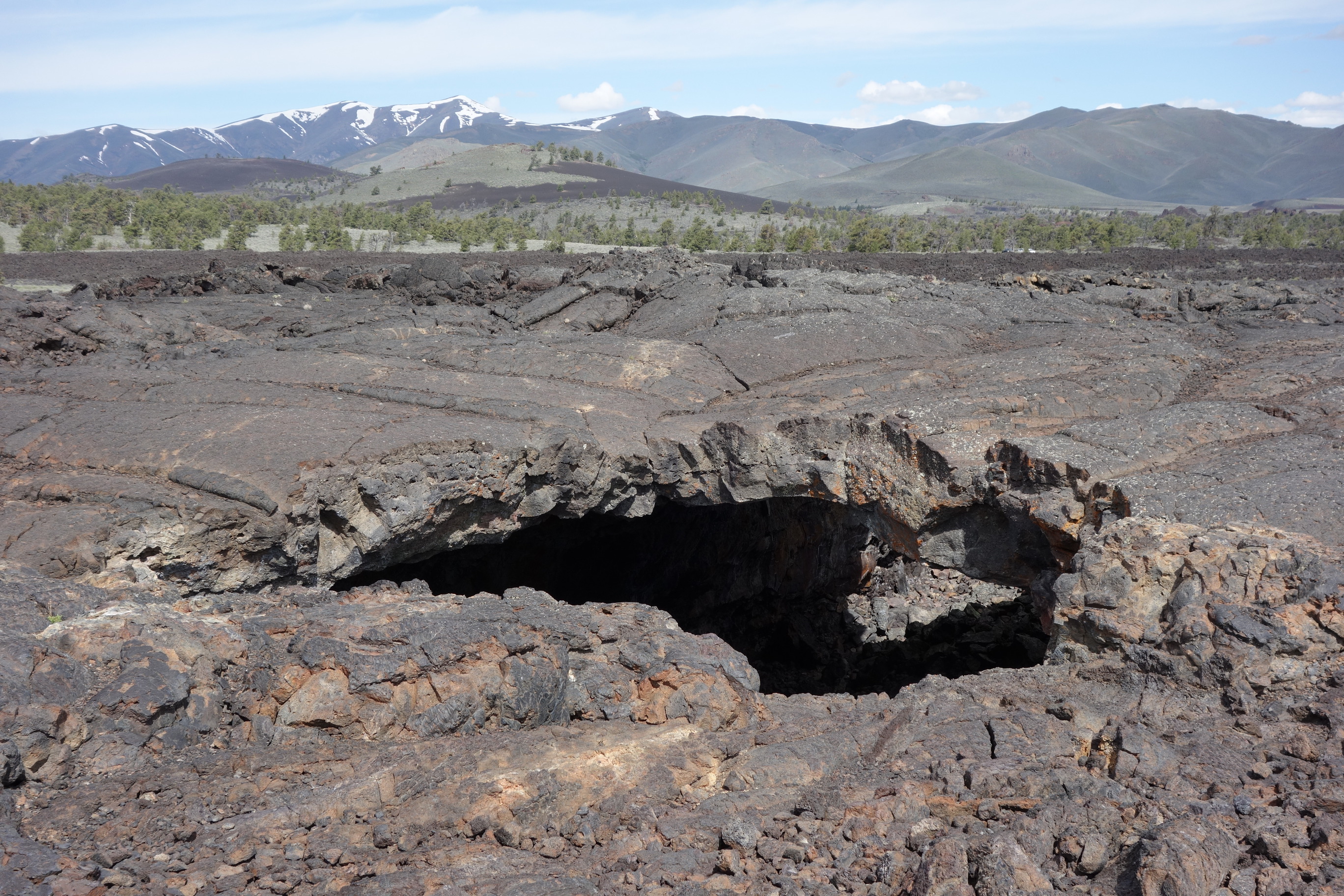 a large cave entrance in a lava field covered in thick black rocks with trees and mountains in the distance