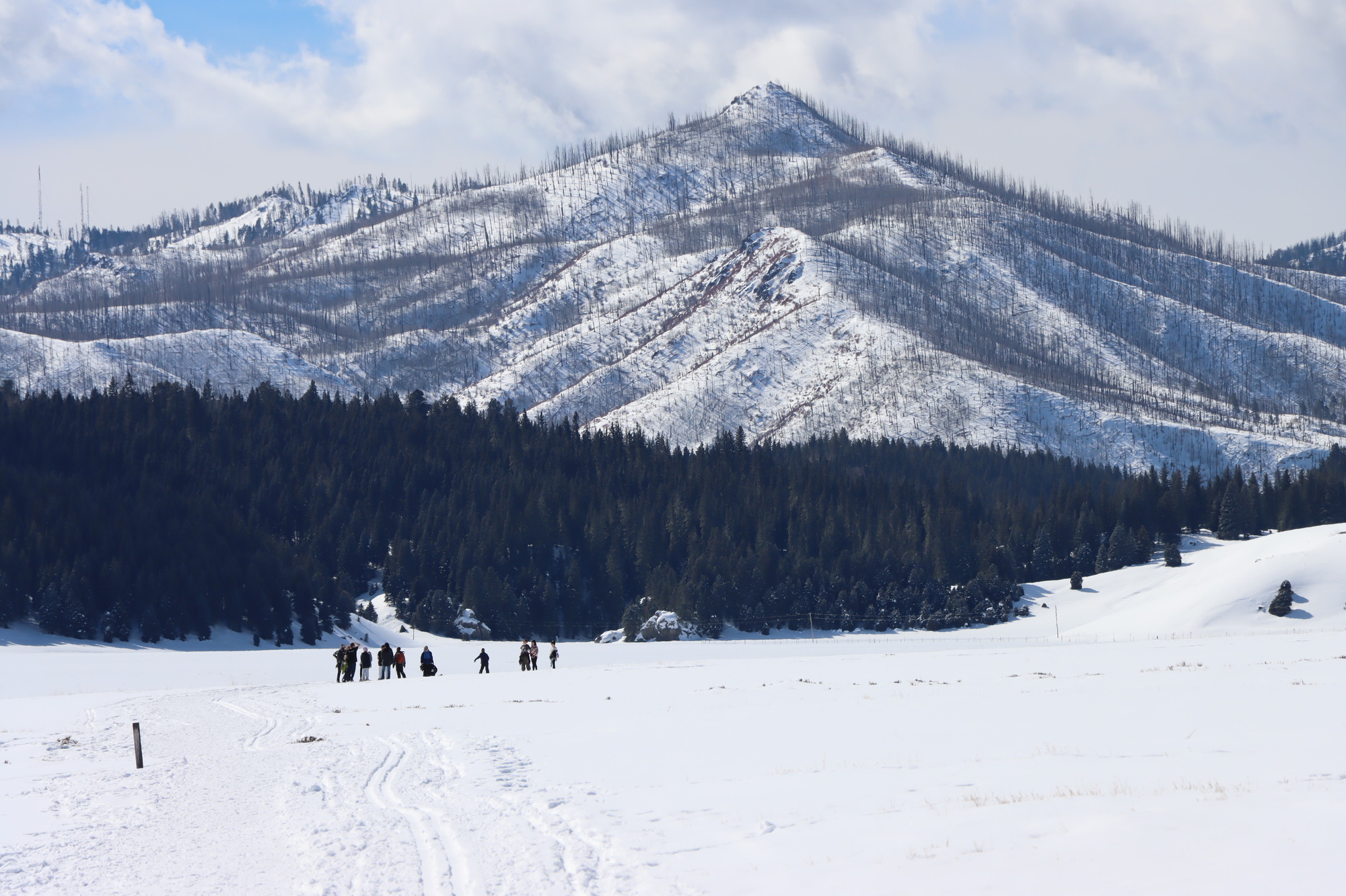 A distant group of snowshoers in a snowy, mountainous landscape.