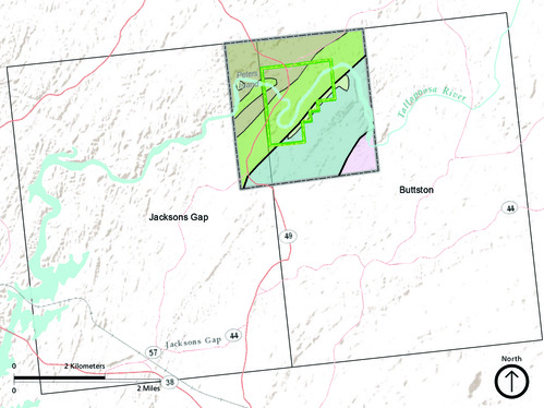 Index map of the Jacksons Gap and Buttston quadrangles in Alabama, with the extent of the GRI GIS data and the NPS boundary shown. The GRI GIS data primarily exists in the northwestern corner of the Buttston quadrangle where the park is located, but extends slightly into the northeastern corner of the Jacksons Gap quadrangle.
