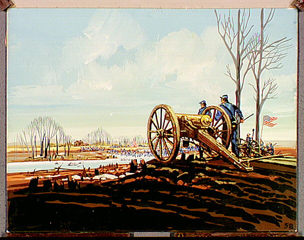 Soldiers with cannon on hill overlooking river.