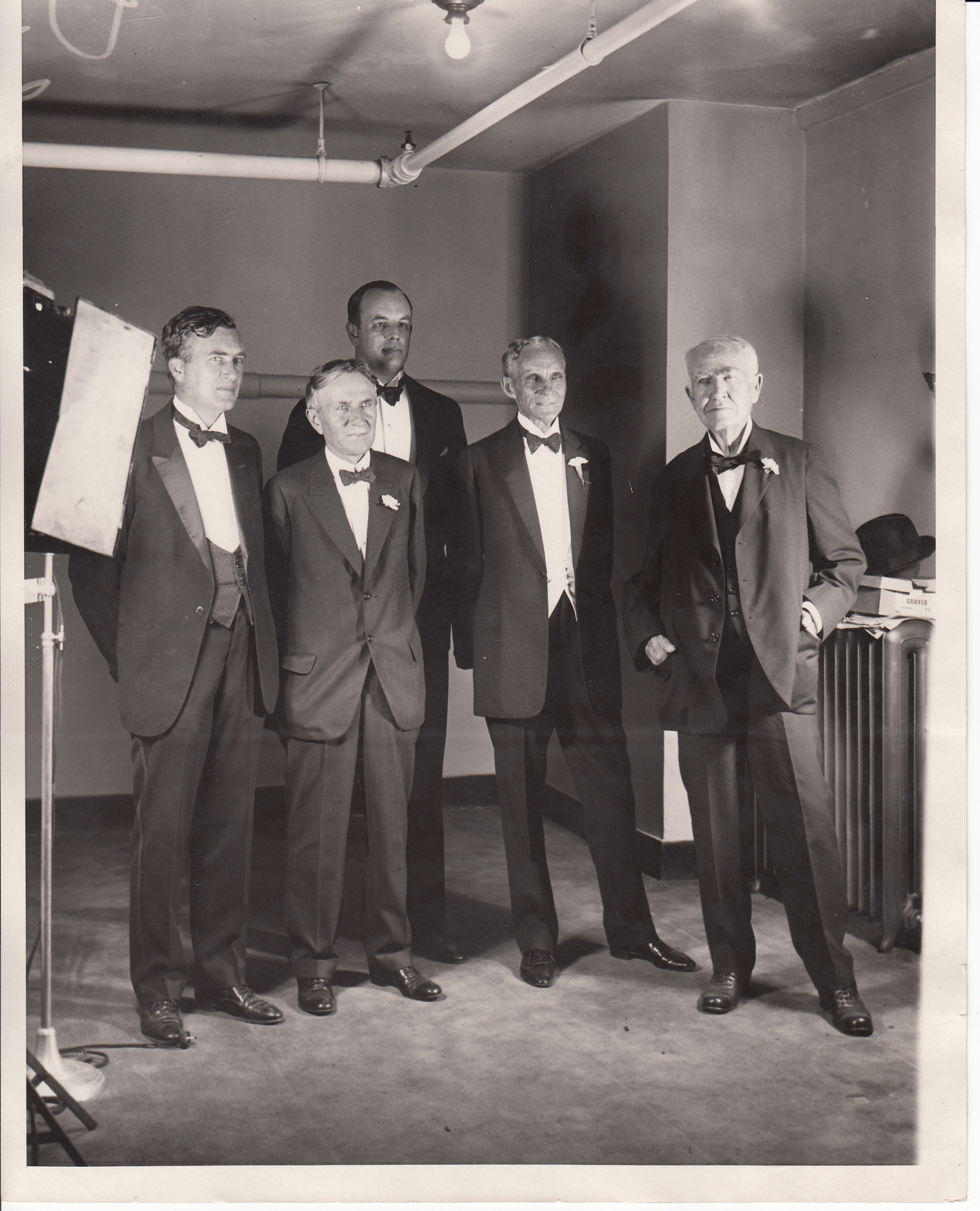 Charles Edison, Harvey S. Firestone, Henry Ford, Edison, and unidentified man in the Crystal Studio at the Radio World's Fair.
