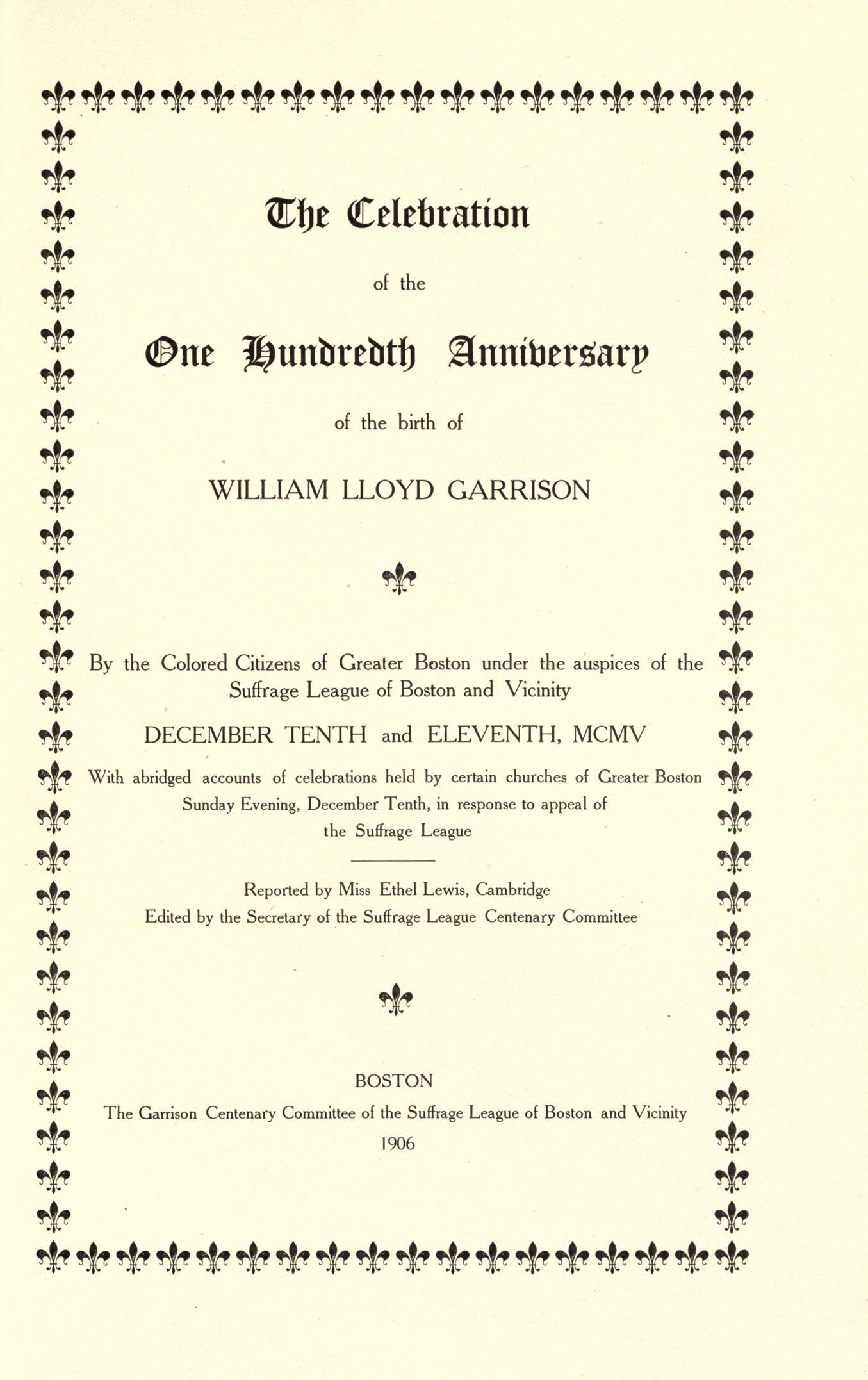Title page of a pamphlet for a 100th Birthday Celebration of William LLoyd Garrison