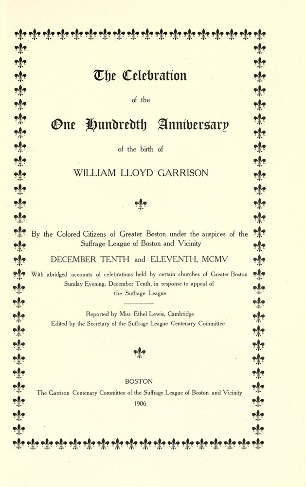 Title page of a pamphlet for a 100th Birthday Celebration of William LLoyd Garrison