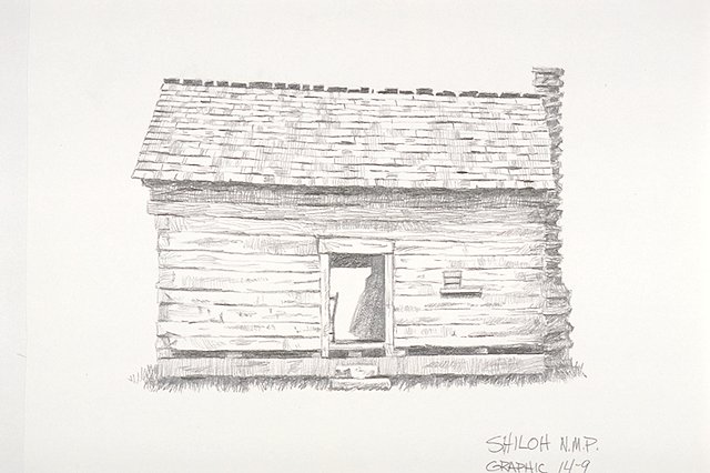 Illustration depicts the exterior view of the Manse George Cabin.
