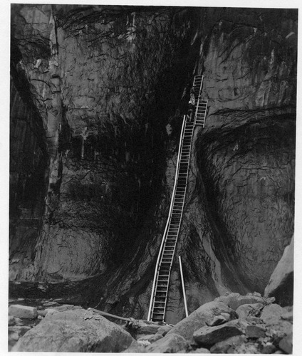 Construction of ladder to spring on wall, water supply for the comfort station at the Temple of Sinawava.