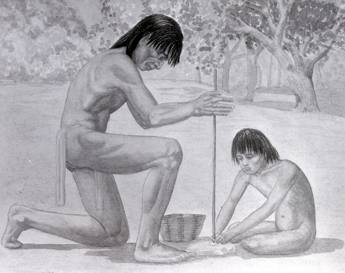 Drilling clamshells for Native American beads. Copy of a drawing.