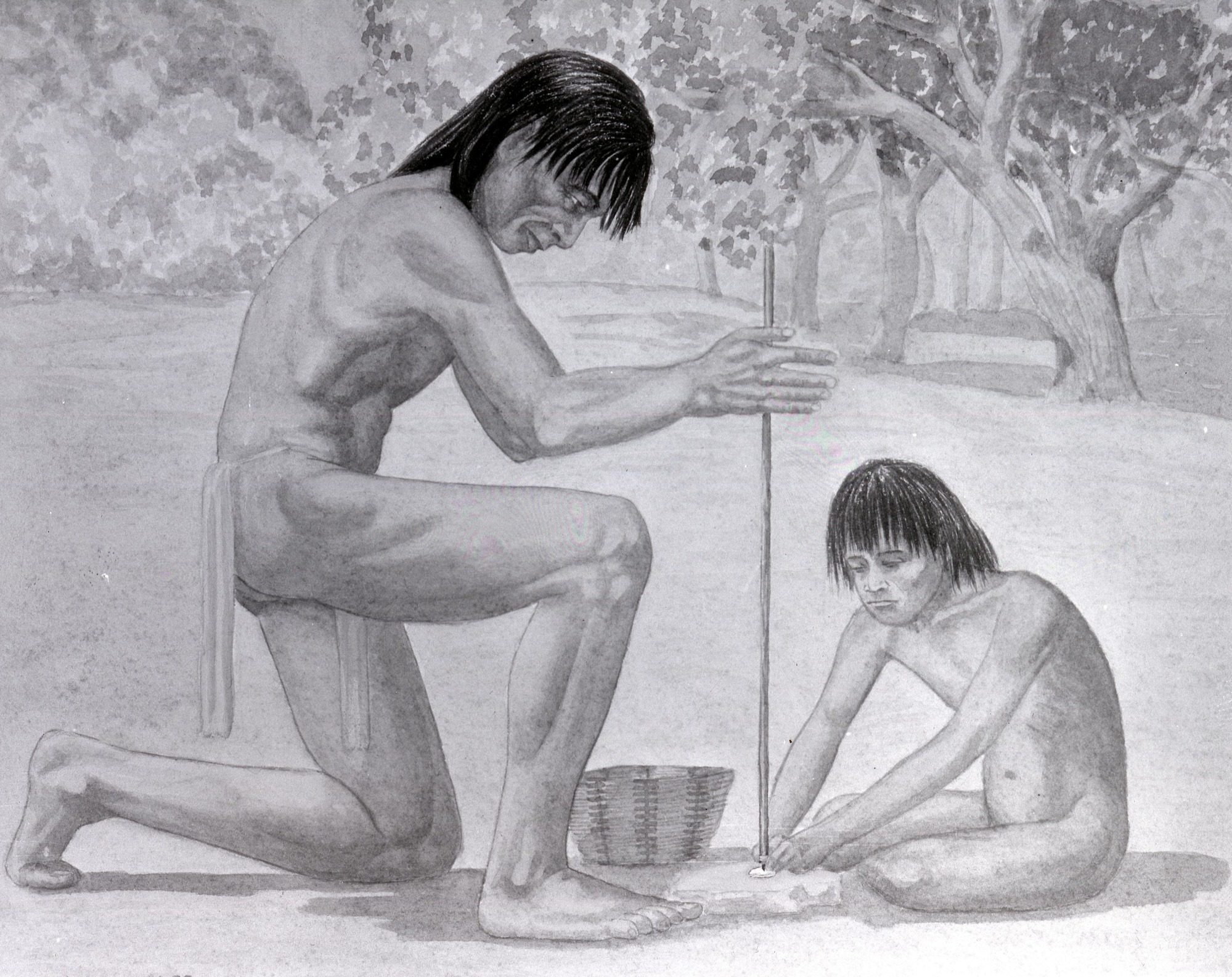 Drilling clamshells for Native American beads. Copy of a drawing.