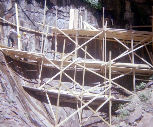 Scaffolding construction and use at the Temple of Sinawava during a spring project.