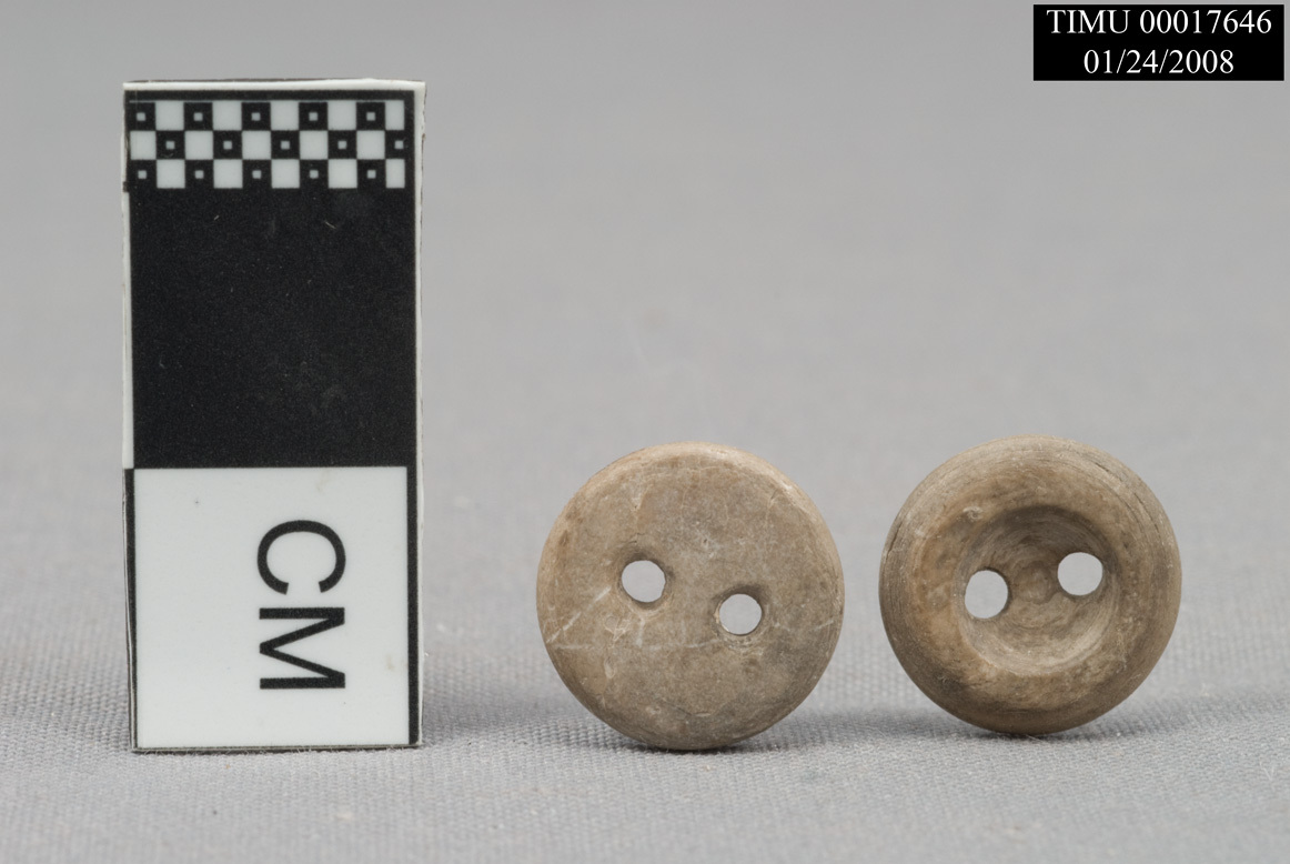 Two small buttons, 1 cm grey brown two button holes