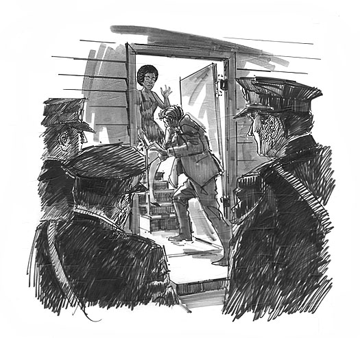 Protection Against Unreasonable Searches and Seizures - Fourth Amendment. Scene depicts an unlawful entry: a man breaks in a door while three uniformed officers remain outside watching, but do not interfere.