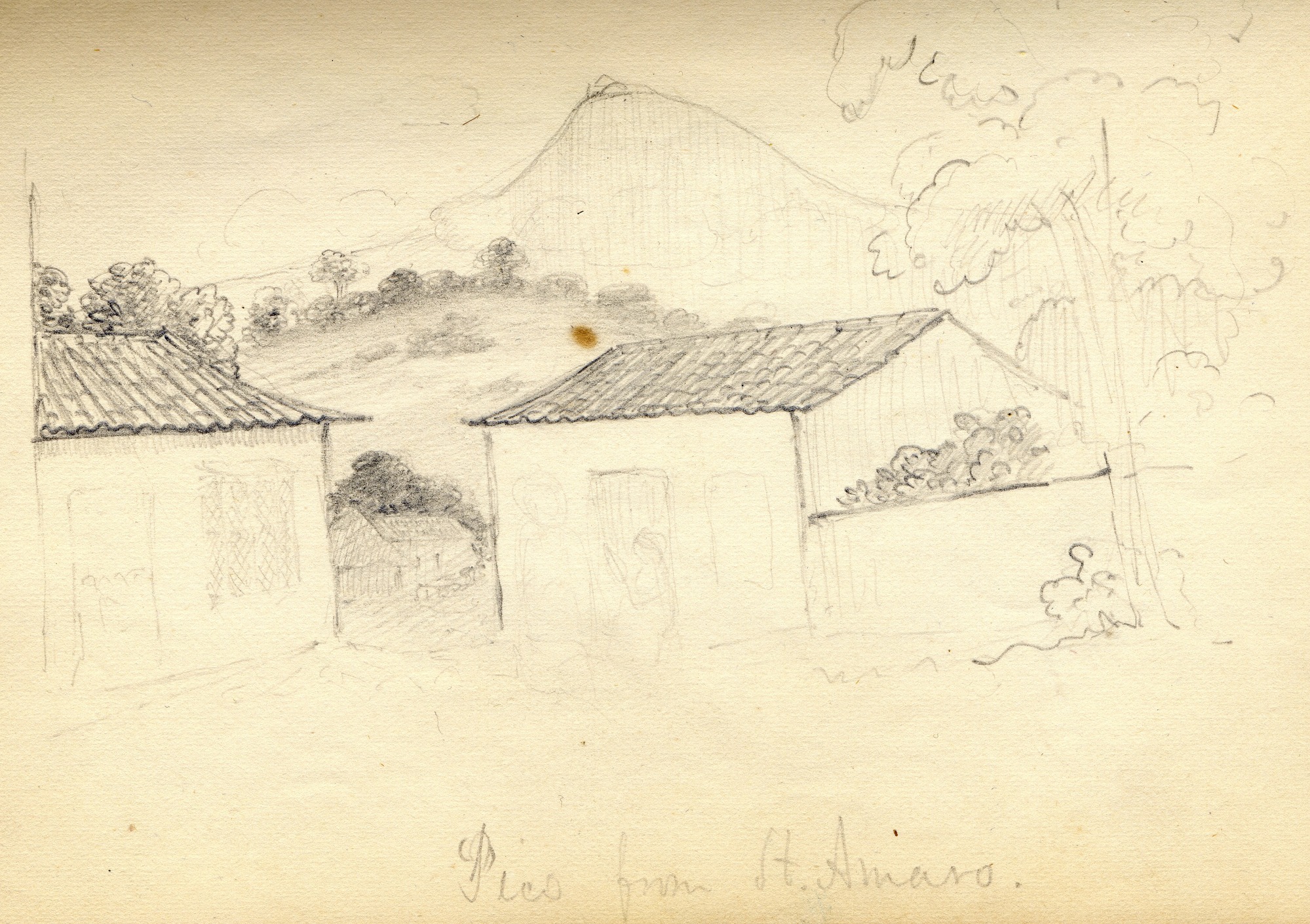 Pencil sketch with steep mountain in background, buildings with tile roofs in foreground
