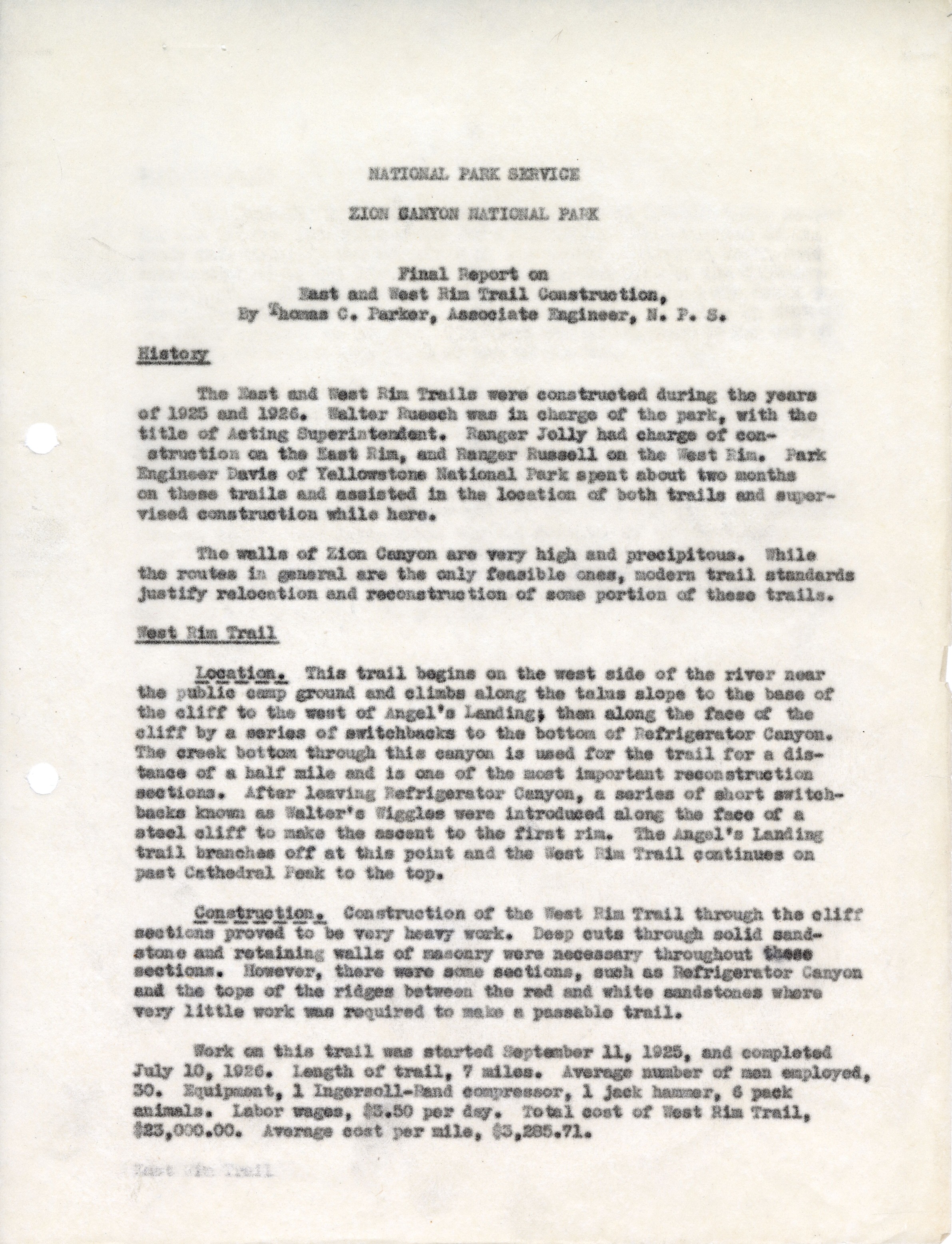 Final Engineering and Construction Report on East and West Rim Trail Construction, Zion, 09/12/1931
