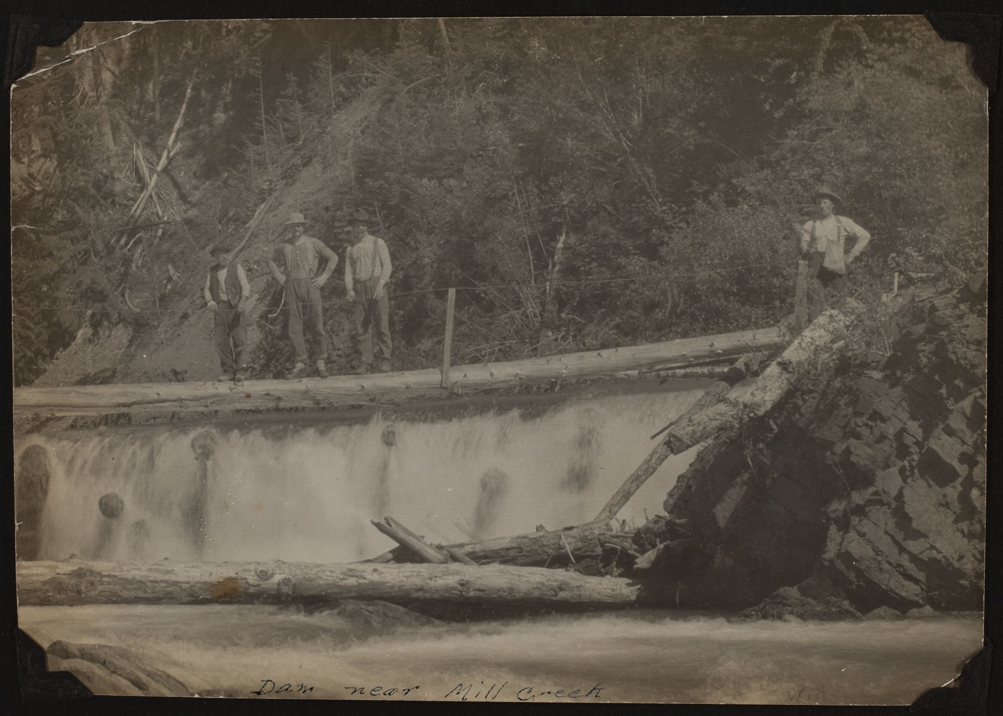 Four men standing on a man-made log dam.  A forested hillside is in the background.
