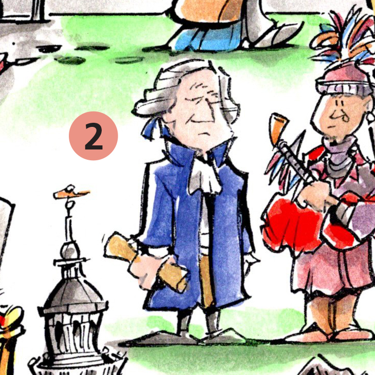 Man wearing a wig and long blue coat holding a rolled document.