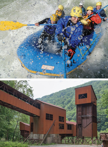  Photograph of rafters on the Gauley River above a photograph of the coal tipple at Nuttallburg in New River Gorge National Recreation Area. 
