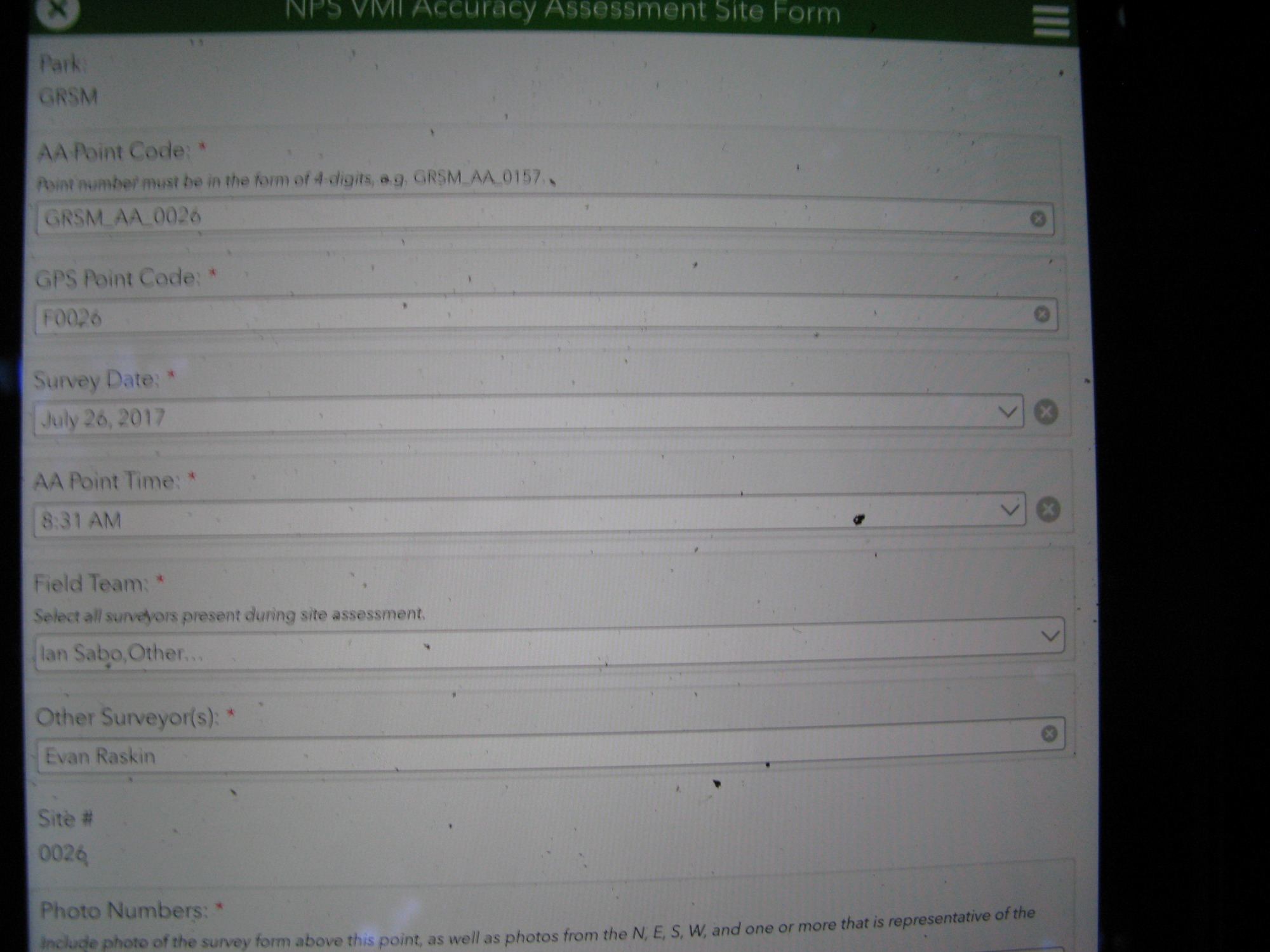 GRSM Accuracy Assessment. Plot Code: GRSM_AA_0026_1