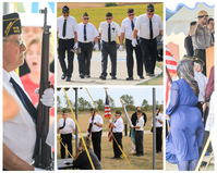 Four panel collage. Left hand panel shows man with rifle standing at attention. Middle top panel shows 5 men in white dress shirts and black ties, hats, pants, and shoes walking toward the camera in a reverse V formation. Middle bottom panel shows 5 members of VFW 1077 in a line. The second and fifth individuals carry rifles and the third and fourth carry a US and Department of the Interior flag respectively. Right hand panel shows a uniformed park employee saluting on a stage while the US flag passes below him.