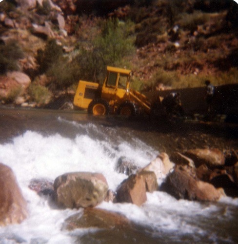Color photo of the construction/modification of the Canyon Junction spillway on the Virgin River.