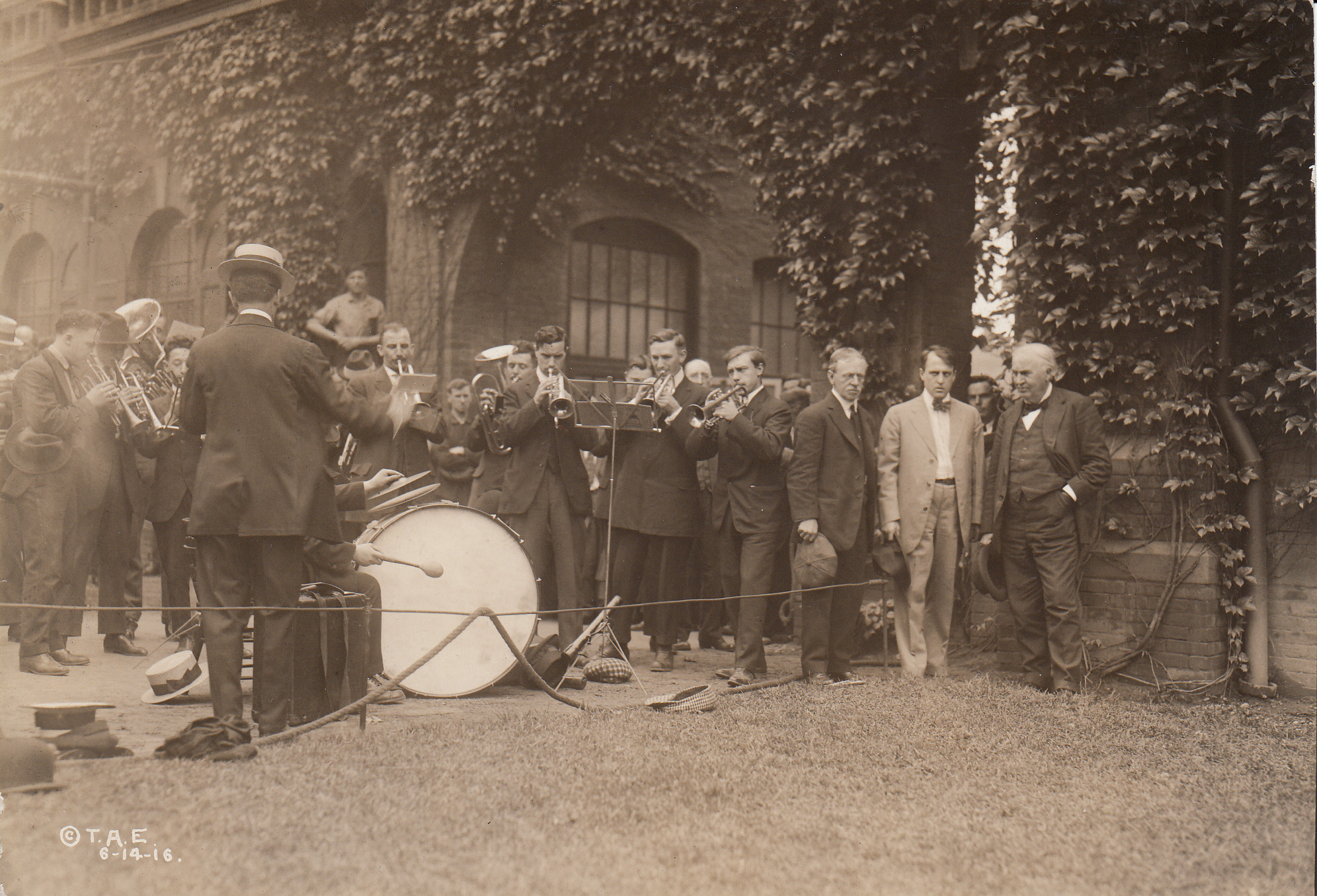 William H. Meadowcroft, Miller Reese Hutchison, Thomas Edison, and the Edison Band at the flag raising at the Lab.