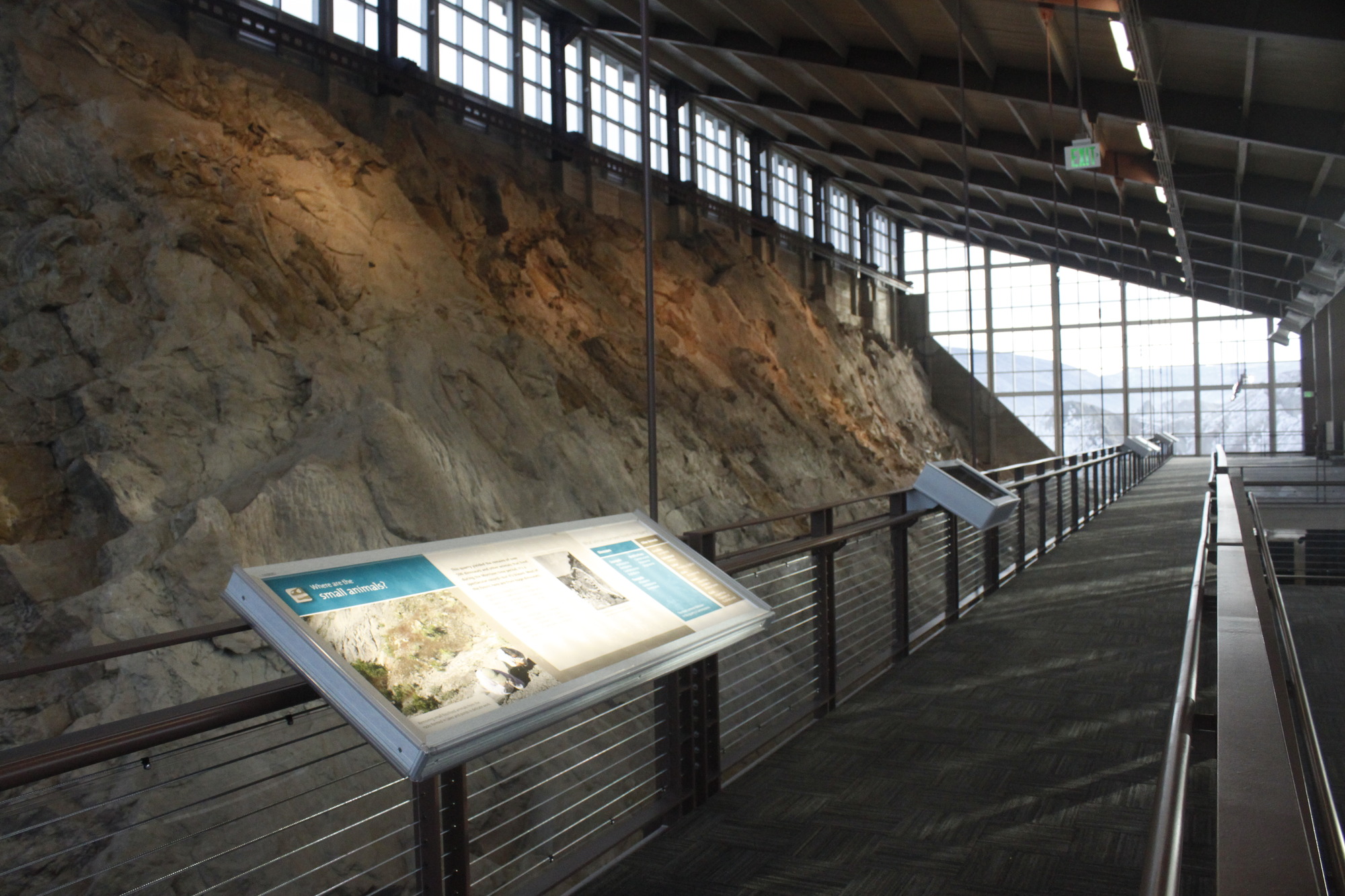 A view of the Quarry Exhibit Hall's upper floor from the location of the building's interior ramp.